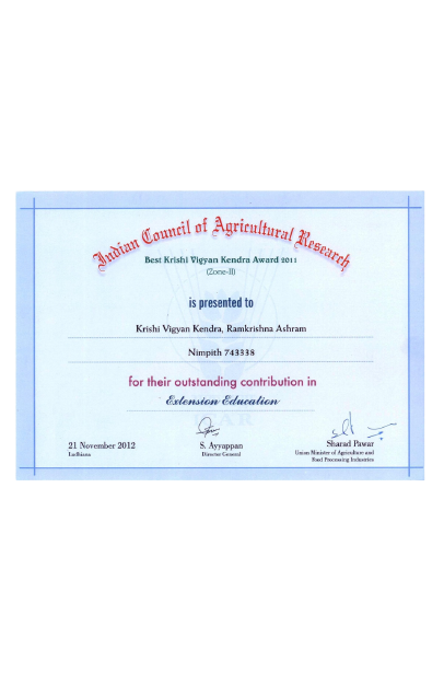Best Krishi Vigyan Kendra Award, Zone-II, ICAR
